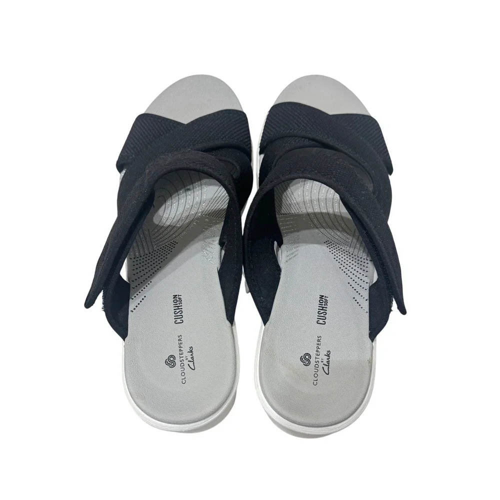 Clarks Cloudsteppers Wedge Sandals Size 9 Black White‎ Arla Glade Slide